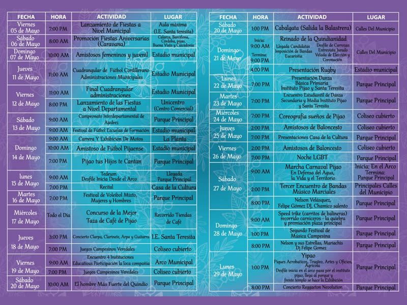 Programacion Mayo 2017 Fiestas Pijao Quindío